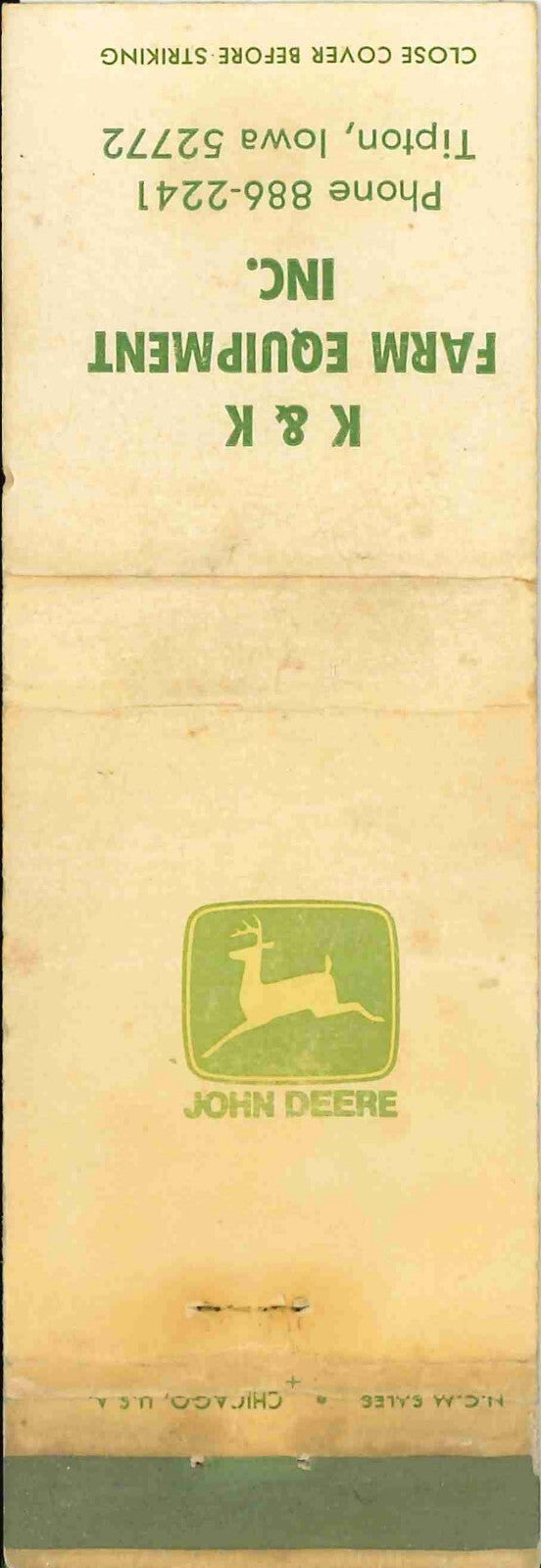 John Deere Matchbook Cover K K Equipment Tipton Iowa