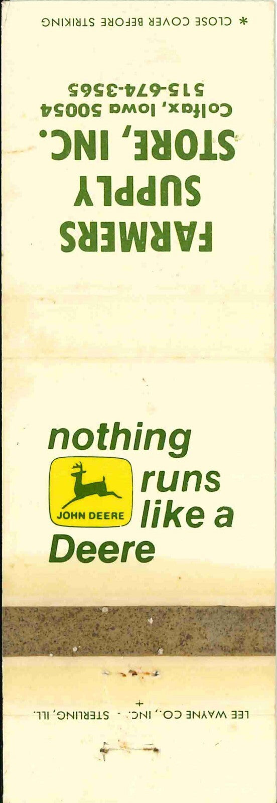 John Deere Matchbook Cover 2 Leg Farmers Supply Store Caolfax IA