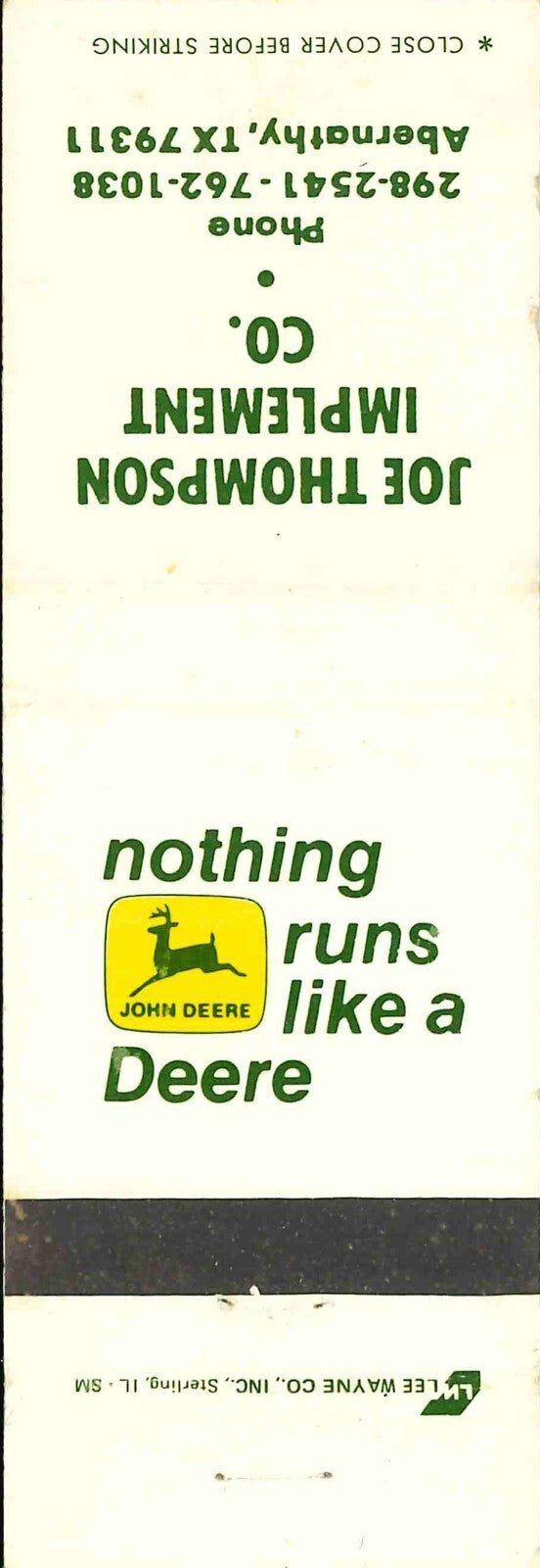 John Deere Matchbook Cover 2 Leg Joe Thompson Imp Abernathy TX