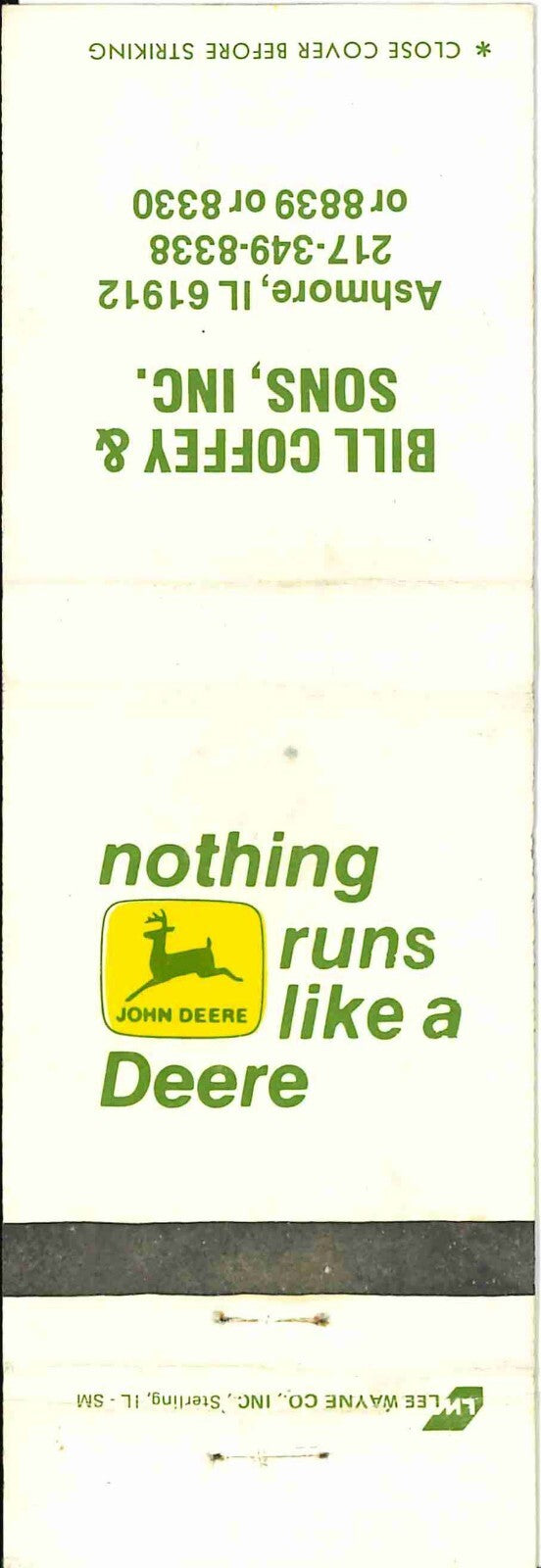 John Deere Matchbook Cover 2 Leg Bill Coffey Ashmore IL