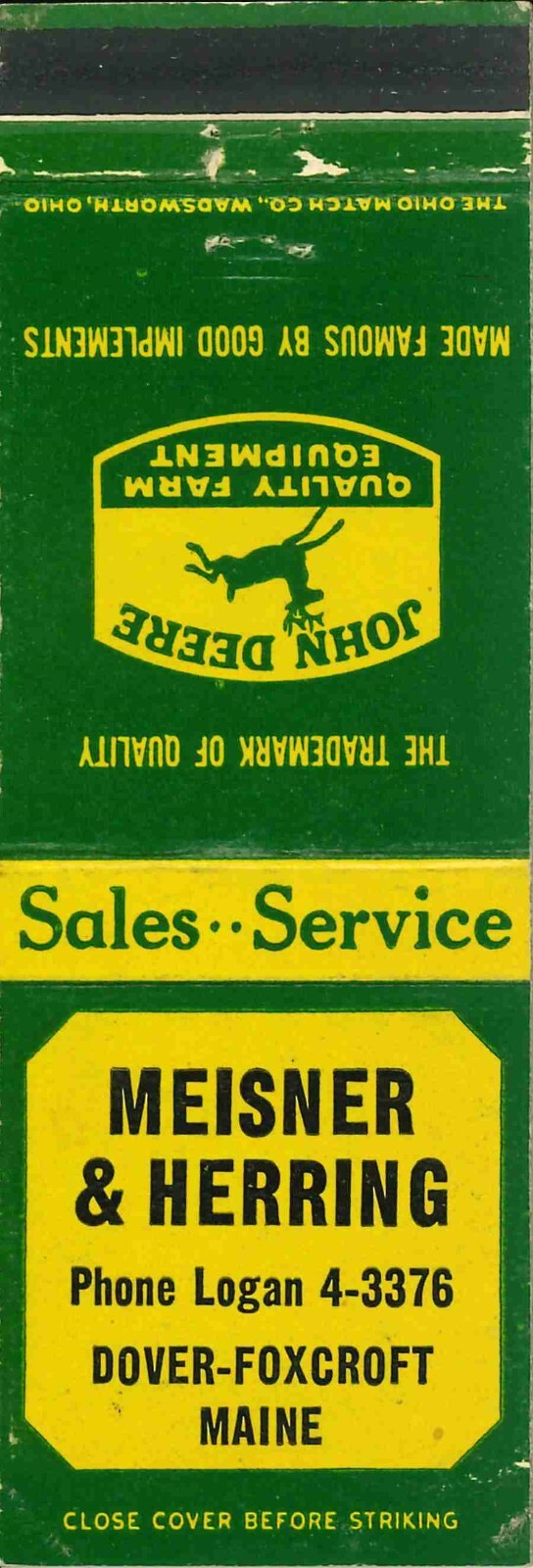 John Deere Matchbook Cover QFE Meisner & Herring Dover Foxcroft Maine 