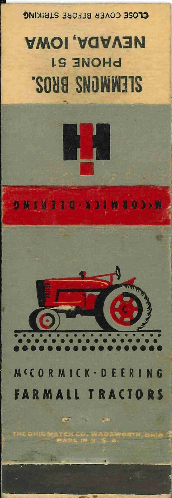 Matchbook Cover Farmall IH Slemmons Bros Nevada Iowa