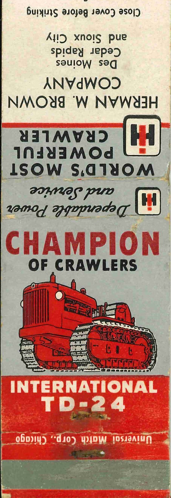 Matchbook Cover International Crawler TD 24 Herman Brown Co Des Moines Iowa