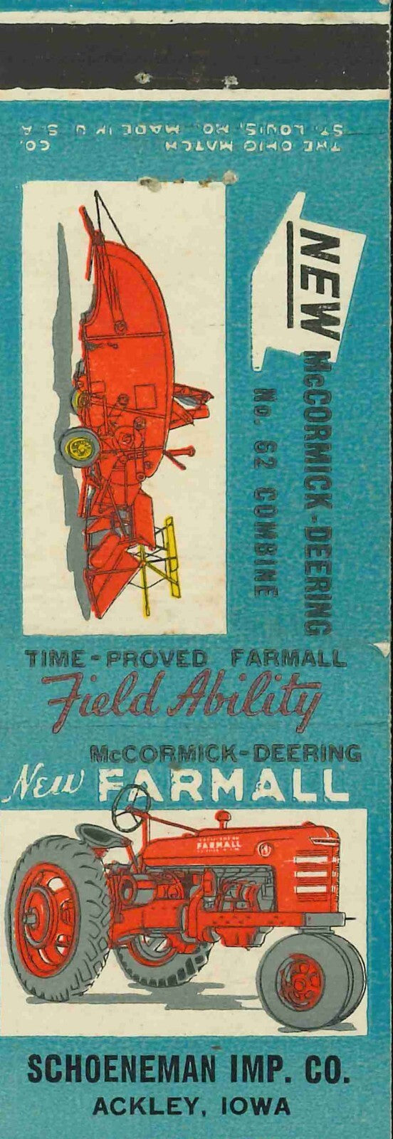 Matchbook Cover Farmall H Combine Truck Schoeneman Imp Co Ackley Iowa