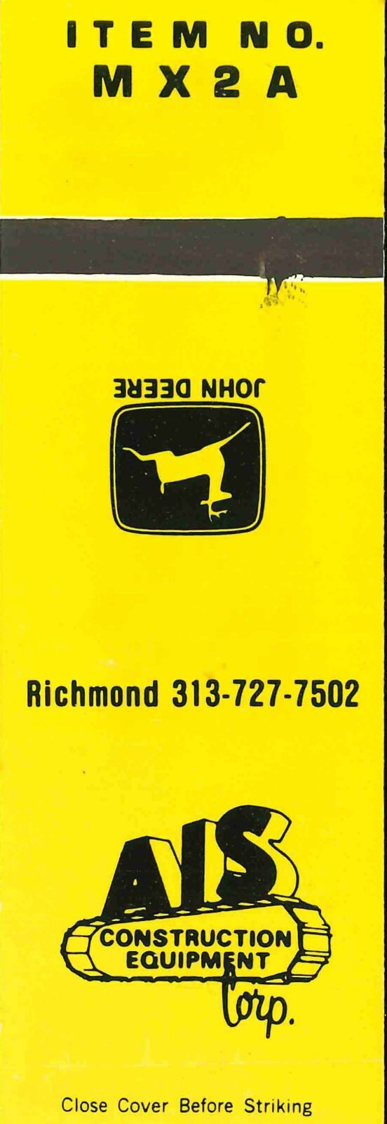 John Deere Matchbook Cover AIS Construction Equipment Richmond