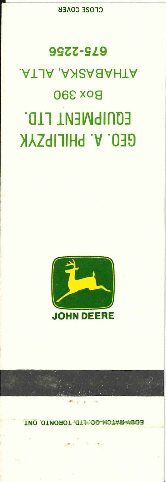 John Deere Matchbook Cover Geo A Philipzyk Equip Athabaska Alta