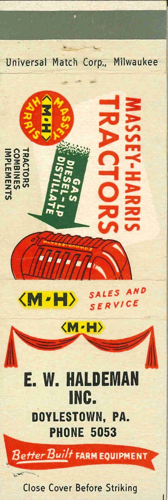 Matchbook Cover Massey Harris Tractors E W Haldeman Doylestown Pennsylvania