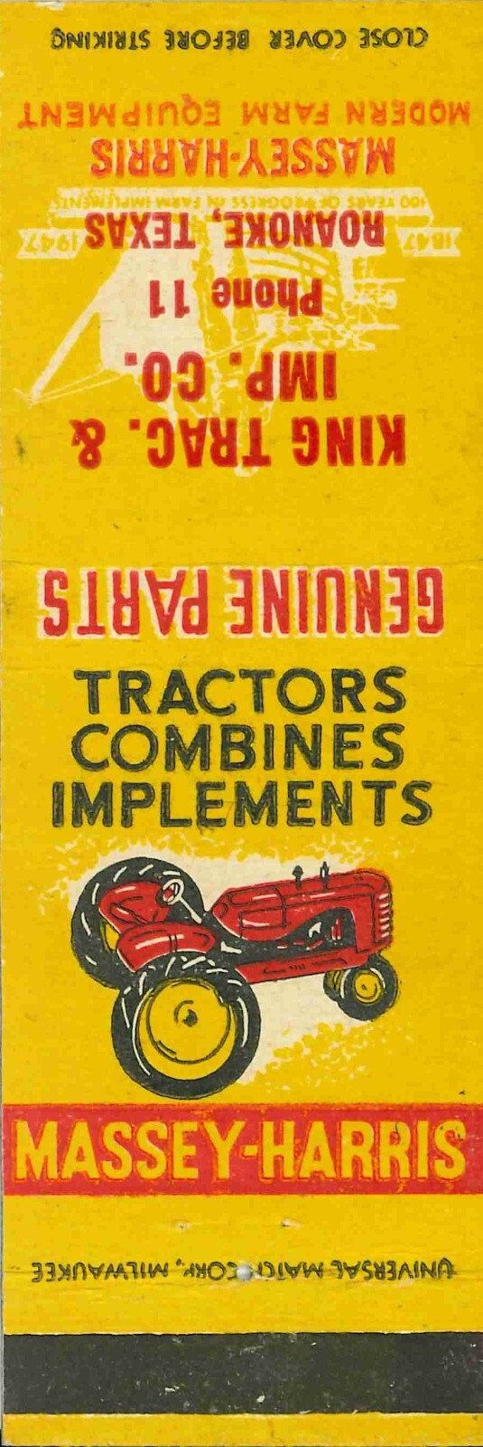 Matchbook Cover Massey Harris Tractor King Tractor and Imp Co Roanoke Texas