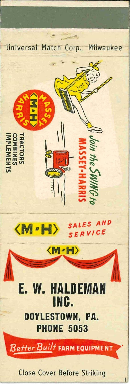 Matchbook Cover Massey Harris Tractors E W Haldeman Doylestown Pennsylvania