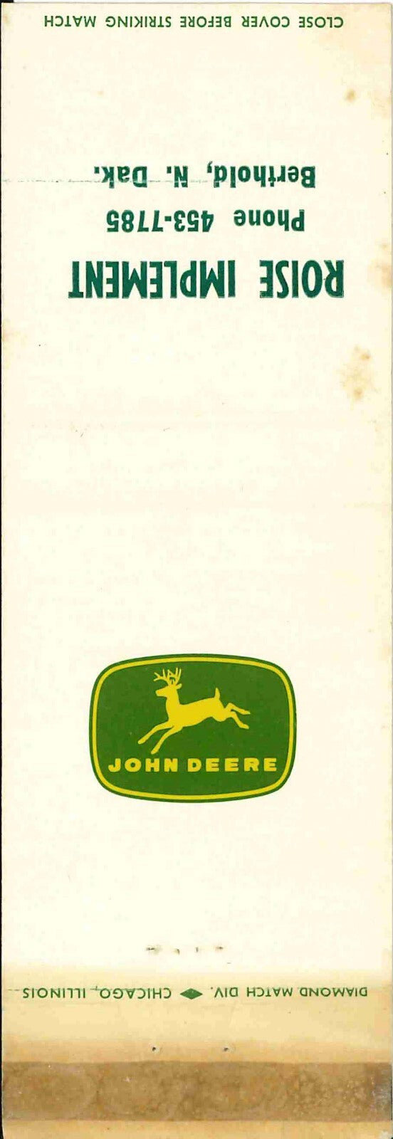 John Deere Matchbook Cover 4 Leg Roise Imp Berthold ND