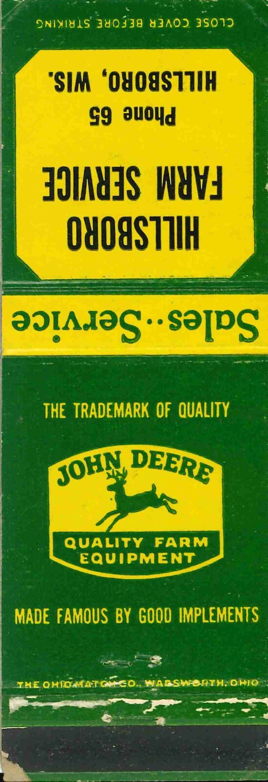 John Deere Matchbook Cover QFE Hillsboro Farm service Hillsboro Wisconsin