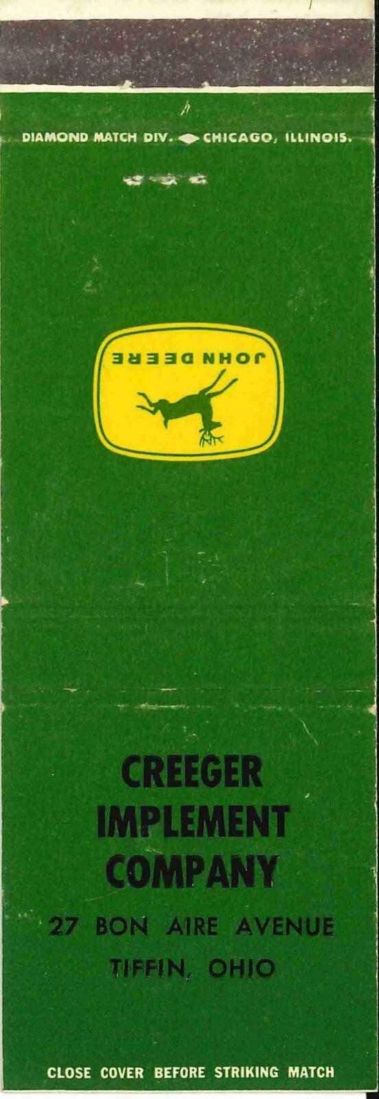 John Deere Matchbook Cover 4 Leg Creeger Imp  Tiffin OH