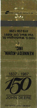 John Deere Matchbook Cover 150th Kennedy Kuhn Van Wert OH