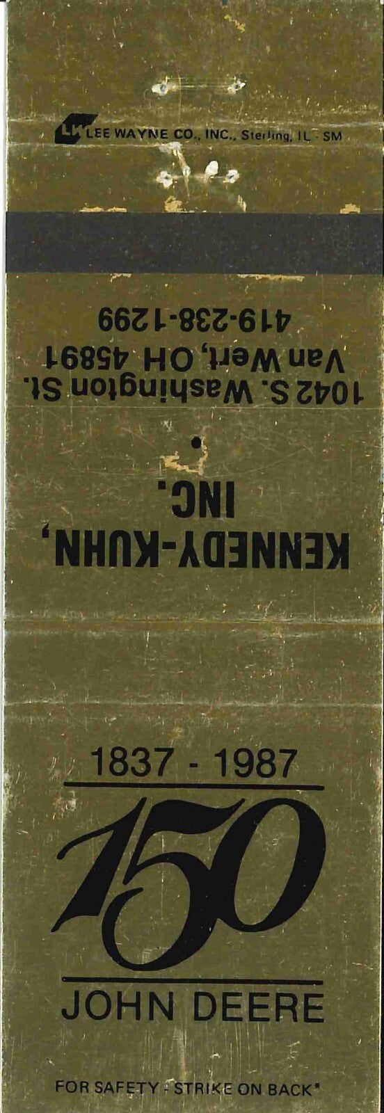 John Deere Matchbook Cover 150th Kennedy Kuhn Van Wert OH