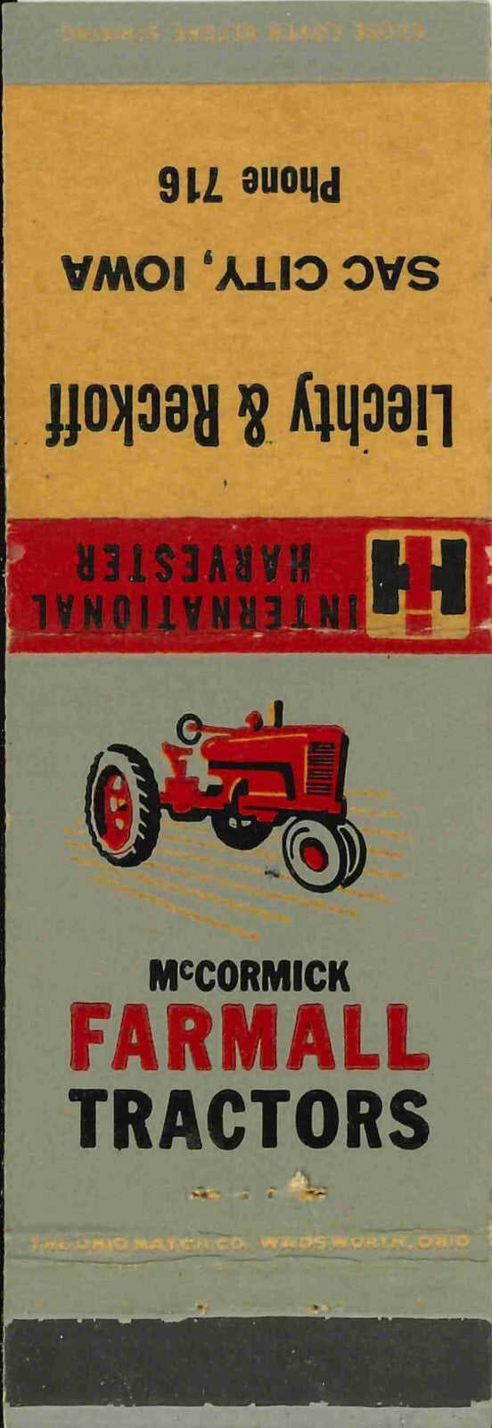 Matchbook Cover Farmall Liechty Reckoff Sac City Iowa