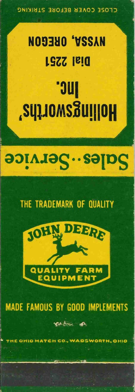 John Deere Matchbook Cover Hollingsworth Nyssa Oregon
