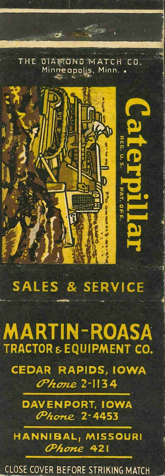 Matchbook Cover Caterpillar Dozer Martin Roasa Iowa and Missouri