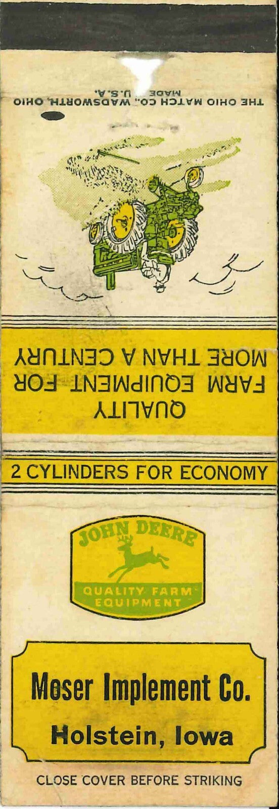 John Deere Matchbook Cover A w/ Mower Moser Imp Holstein IA