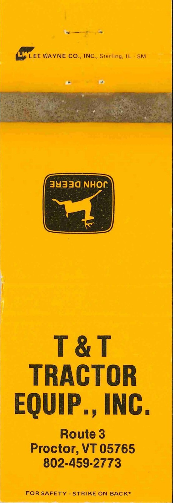 John Deere Matchbook Cover T & T Tractor Equip Proctor VT