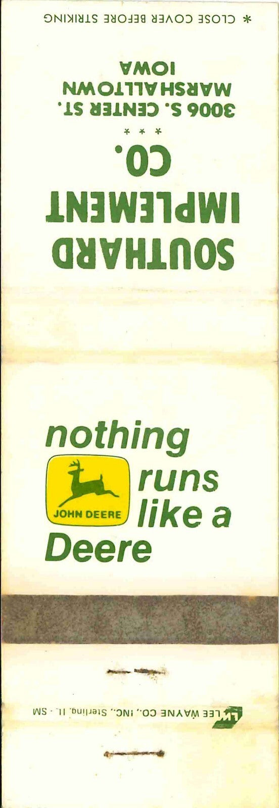 John Deere Matchbook Cover 2 Leg Southard Implement Marshalltown IA