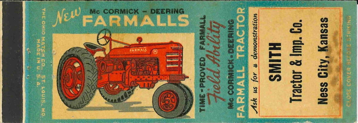 Matchbook Cover Farmall H Smith Tractor Imp Ness City Kansas