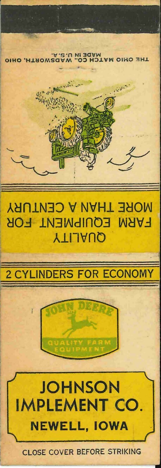 John Deere Matchbook Cover A w/ Mower Johnson Imp Newell IA
