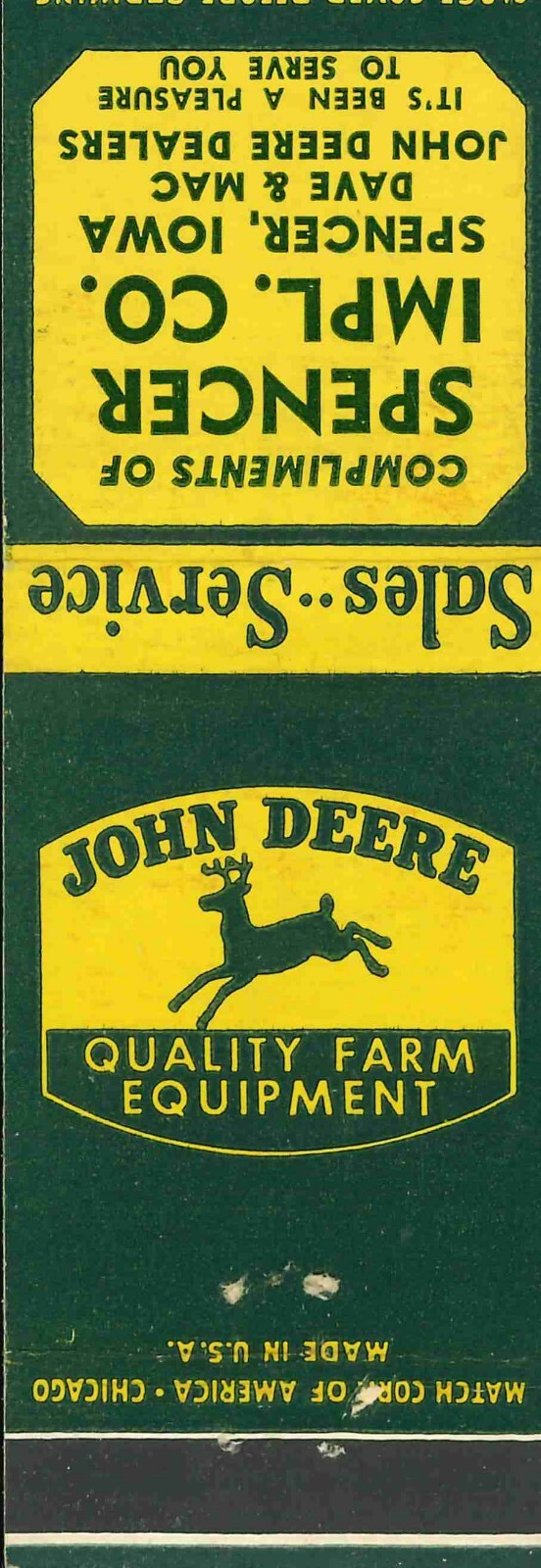 John Deere Matchbook Cover Spencer Imp Co Spencer IA