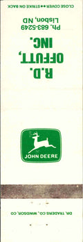 John Deere Matchbook Cover R D Offutt Lisbon ND
