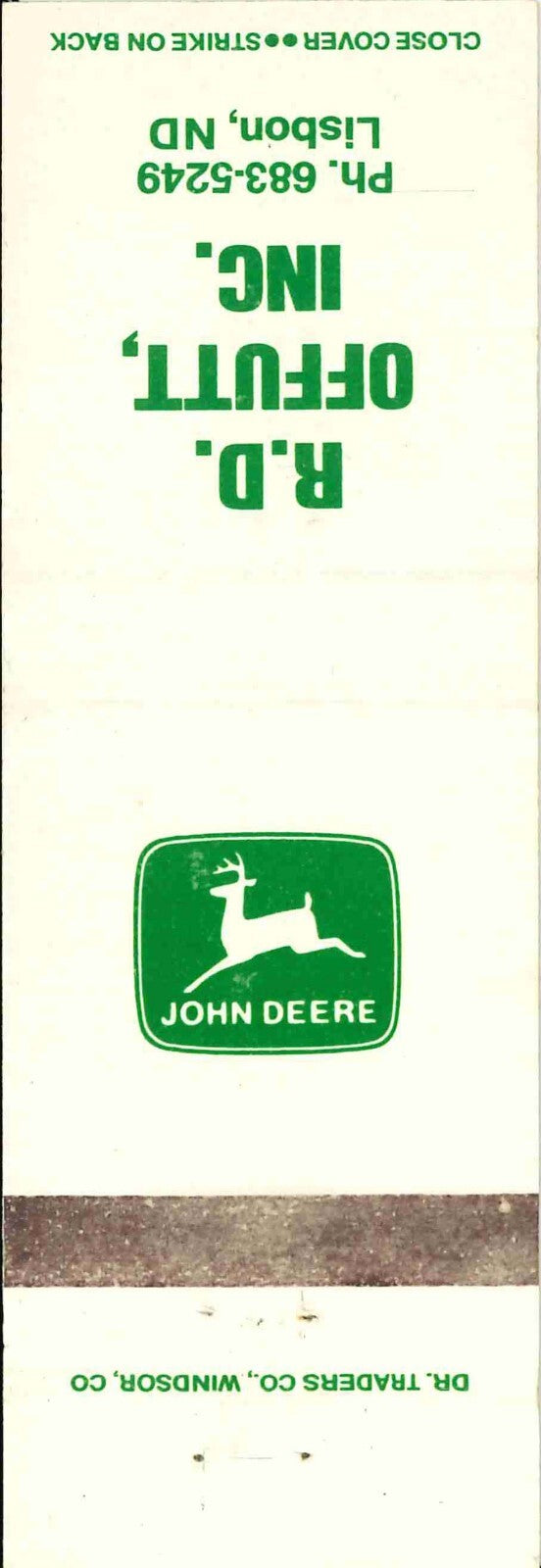 John Deere Matchbook Cover R D Offutt Lisbon ND