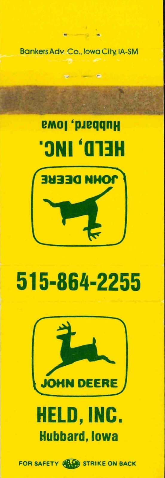 John Deere Matchbook Cover Held Inc Hubbard IA