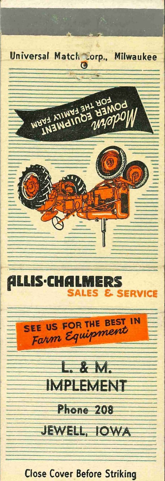 Matchbook Cover Allis Chalmers L and M Imp Jewell Iowa
