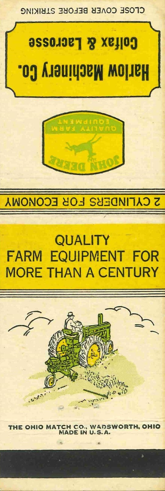 John Deere Matchbook Cover A w/ Mower Harlow Machine Colfax Lacrosse Wisconsin