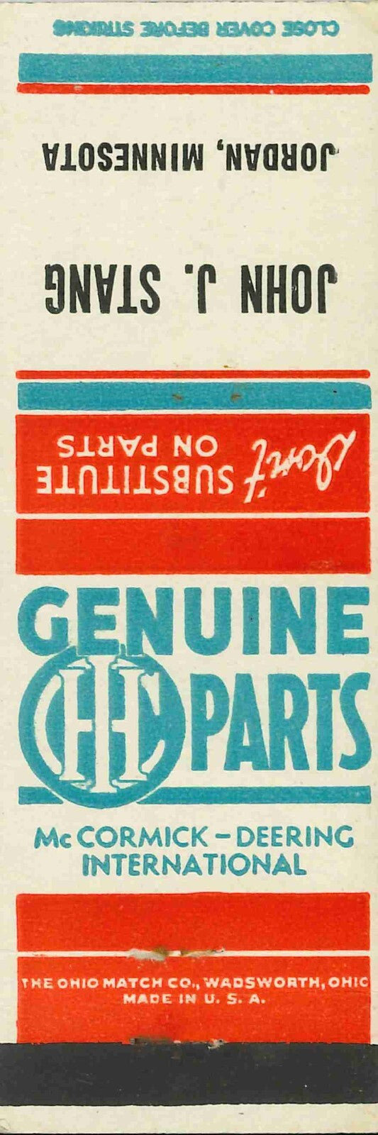 Matchbook Cover International Harvester Parts John J Stang Jordan Minnesota