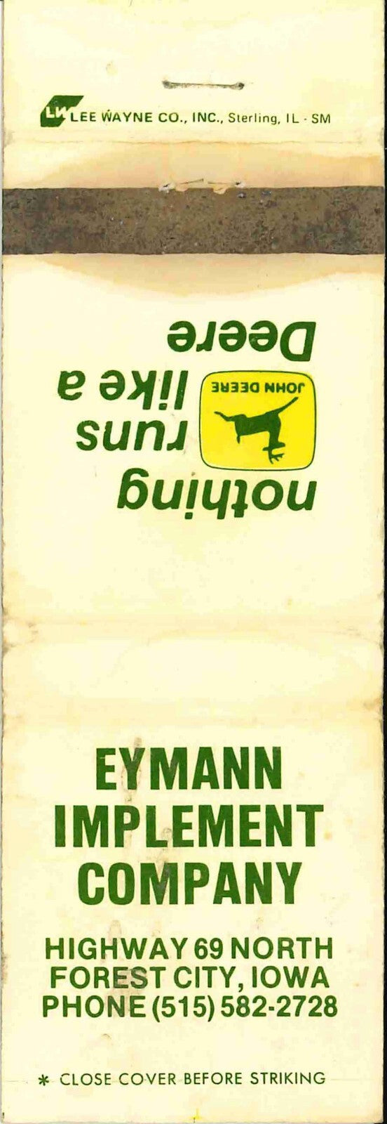 John Deere Matchbook Cover 2 Leg Eymann Imp Forest City IA