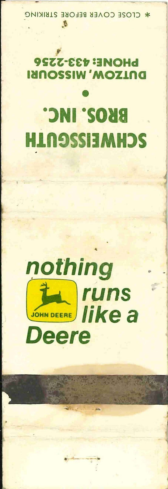 John Deere Matchbook Cover 2 Leg Scheissguth Bros Dutzow Missouri