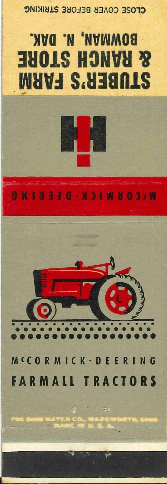 Matchbook Cover International Harvester Tractor Stubers Farm Bowman North Dakota