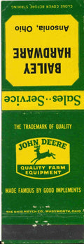 John Deere Matchbook Cover QFE Bailey Hardware Ansonia Ohio