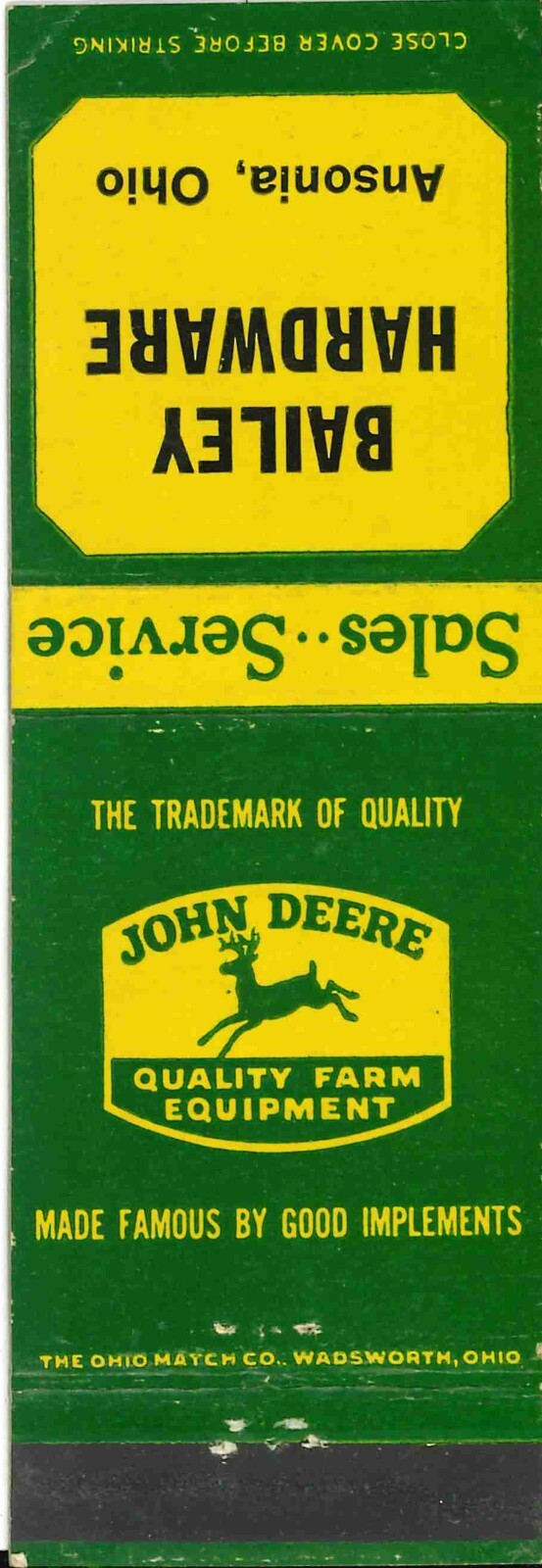 John Deere Matchbook Cover QFE Bailey Hardware Ansonia Ohio