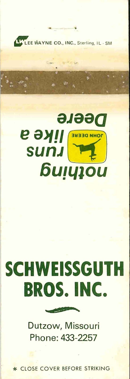 John Deere Matchbook Cover 2 Leg Scheissguth Bros Dutzow Missouri