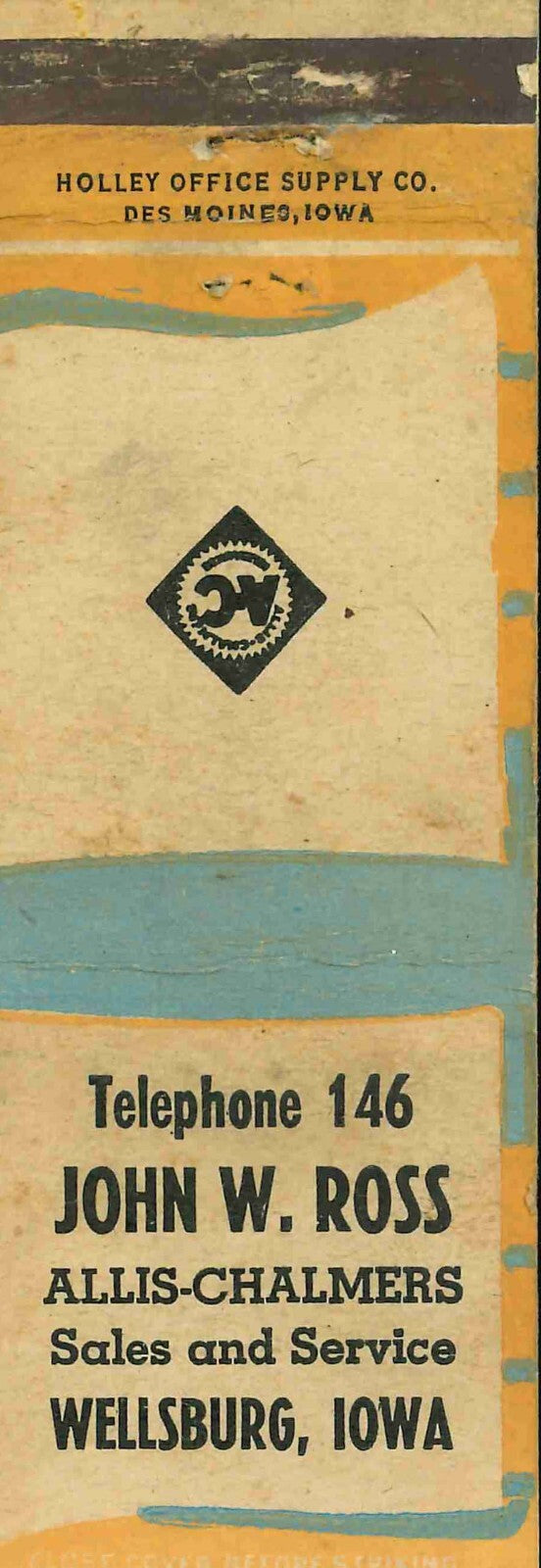 Matchbook Cover Allis Chalmers John W Ross Wellsburg Iowa