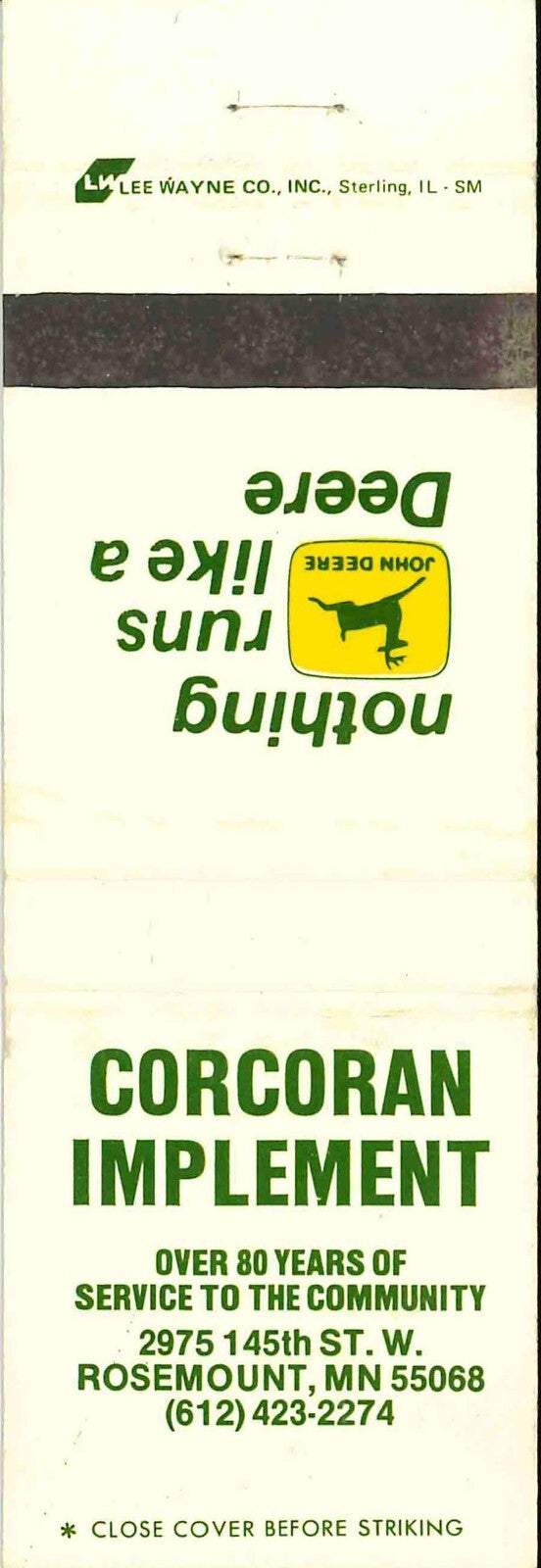 John Deere Matchbook Cover 2 Leg Corcoran Imp Rosemount MN
