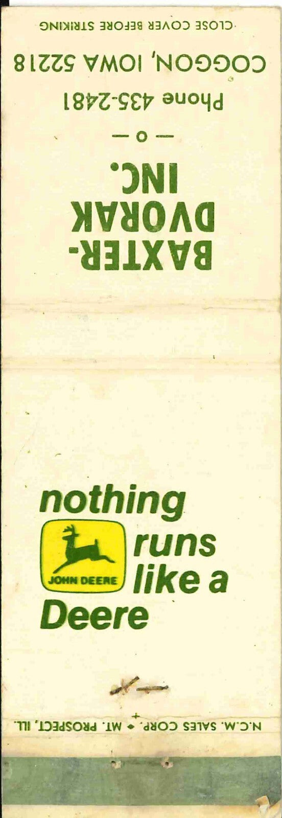 John Deere Matchbook Cover 2 Leg Baxter Dvorak Coggon IA
