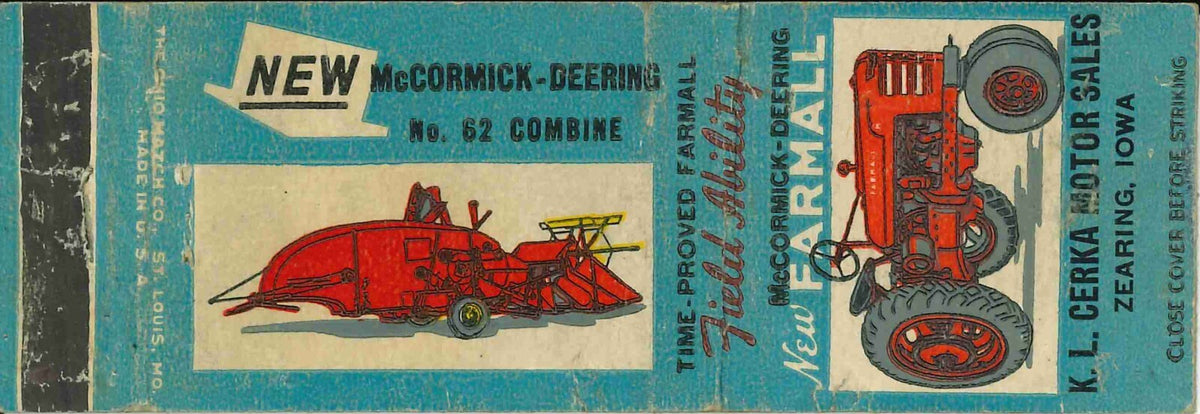 Matchbook Cover Farmall H Combine Truck K L Motor Sales Zearing Iowa