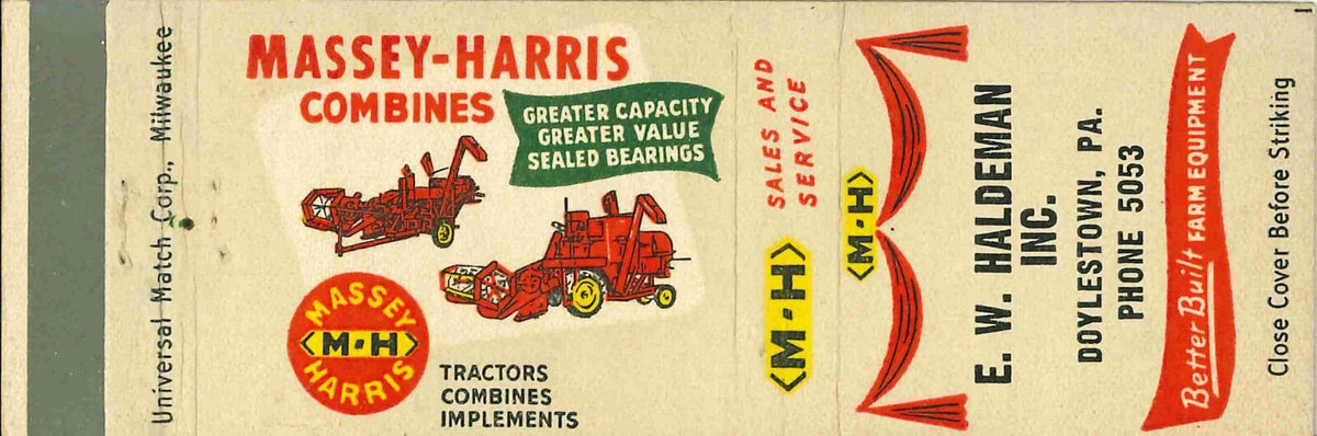 Matchbook Cover Massey Harris Combines E W Haldeman Doylestown Pennsylvania