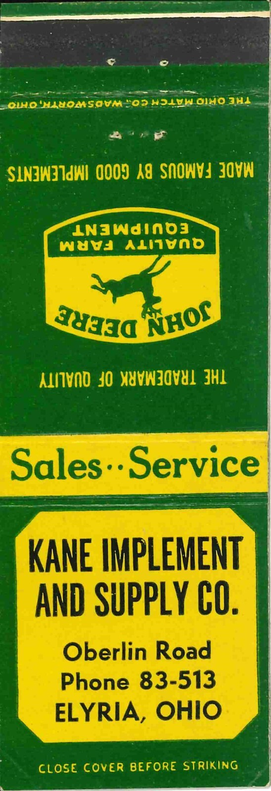 John Deere Matchbook Cover QFE Kane Implement & Supply CO Elyria Ohio