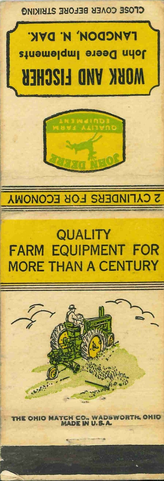 John Deere Matchbook Cover A w/ Mower Work & Fischer Langdon North Dakota