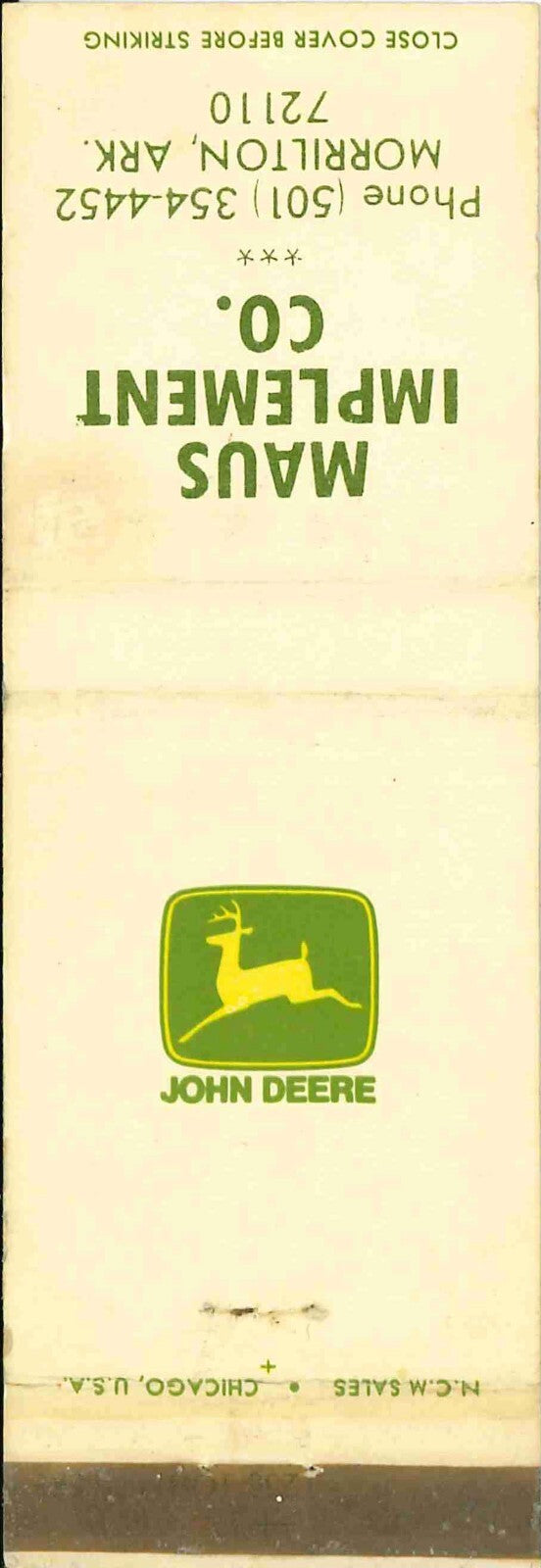 John Deere Matchbook Cover 2 Leg Maus Imp Co Morrilton ARK