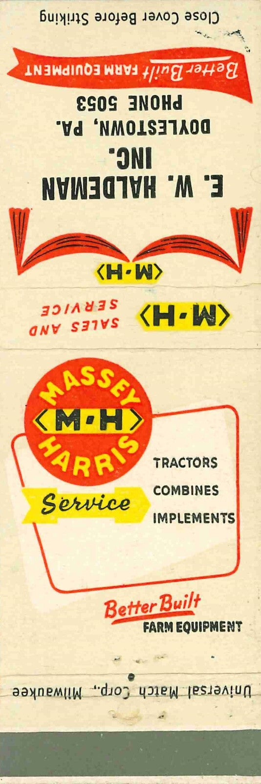 Matchbook Cover Massey Harris E W Haldeman Doylestown Pennsylvania