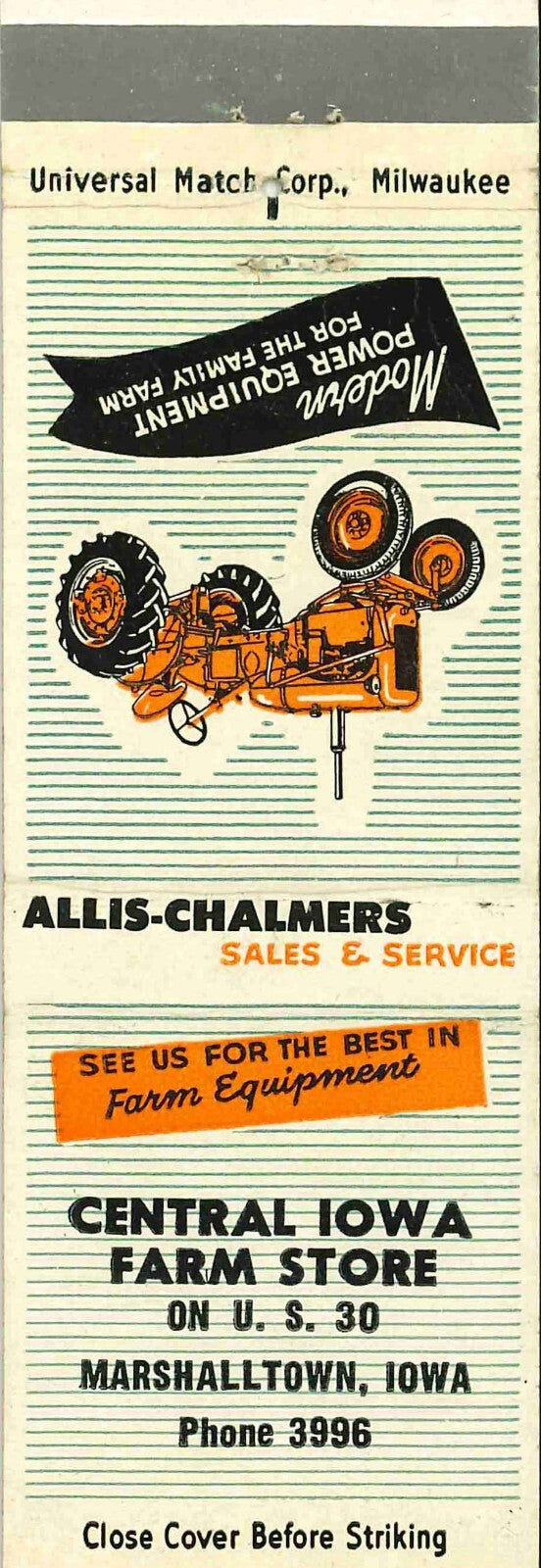 Matchbook Cover Allis Chalmers Central Iowa Farm Store Marshalltown Iowa