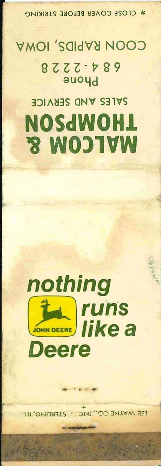 John Deere Matchbook Cover 2 Leg Malcom Thompson Coon Rapids IA